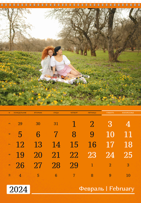 Вертикальные настенные перекидные календари - Оранжевые Февраль